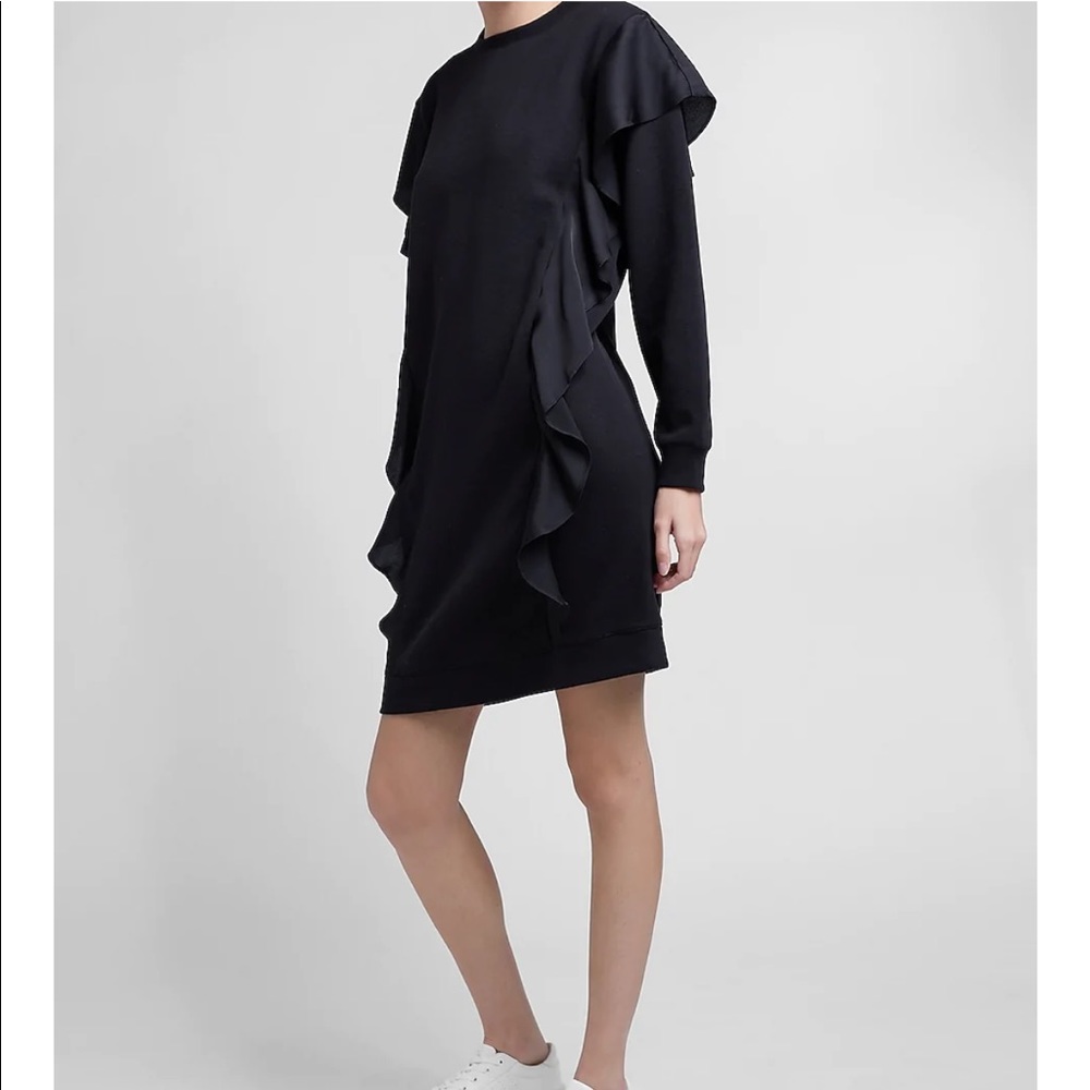 Express Ruffle Front Sweatshirt Dress - Black - XS